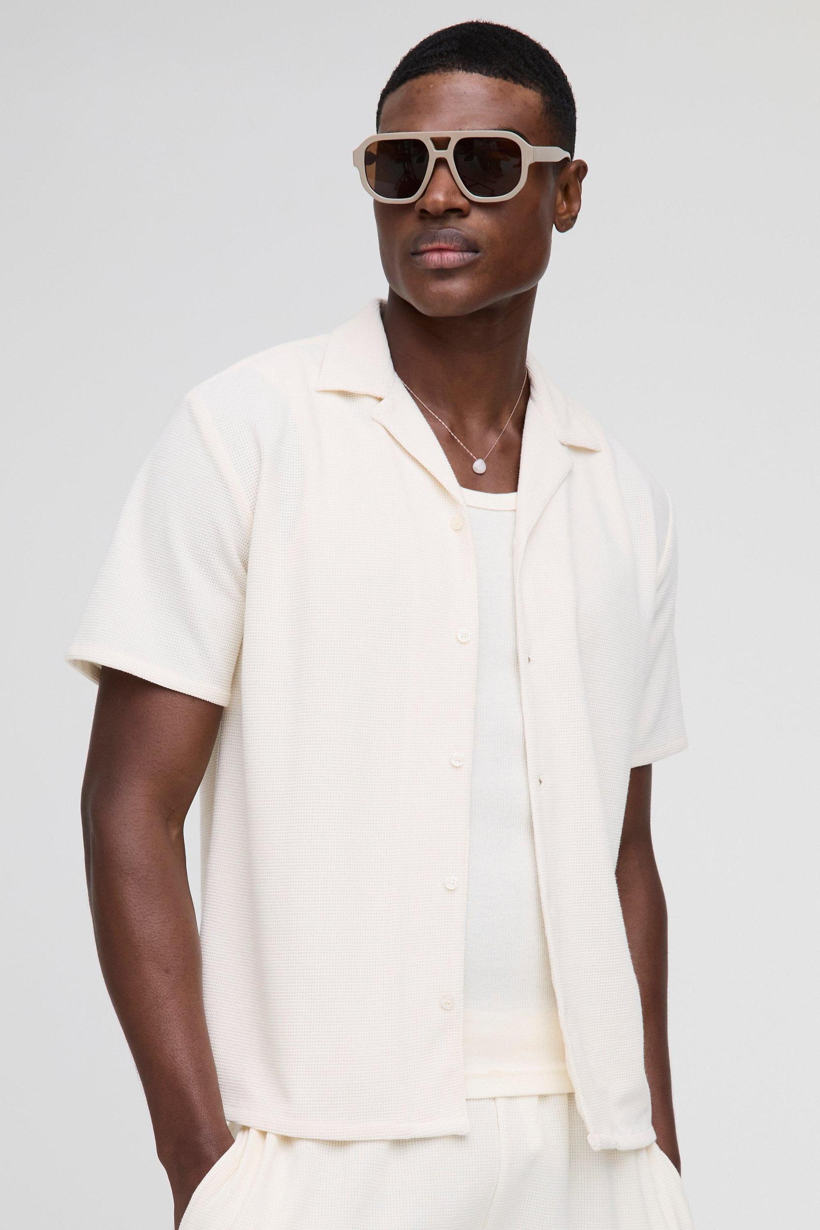Regular Fit Honeycomb Waffle Revere Shirt | boohooMAN USA Product Image