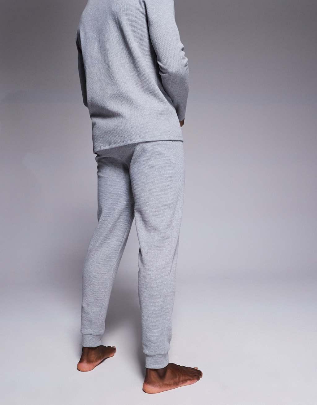 BOSS Bodywear Waffle logo cuffed sweatpants in gray - part of a set Product Image