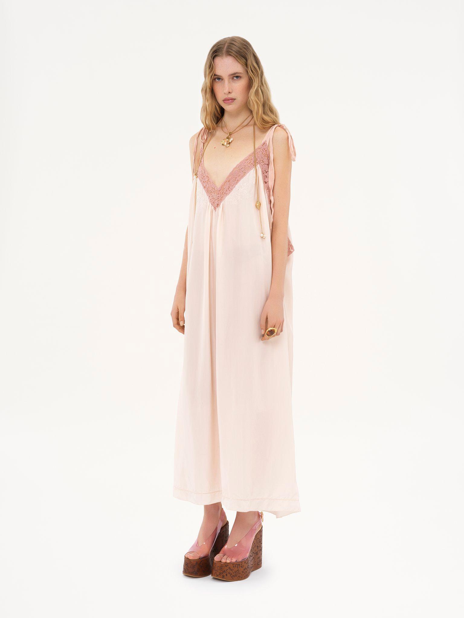 Long slip dress in silk habotai & lace Product Image