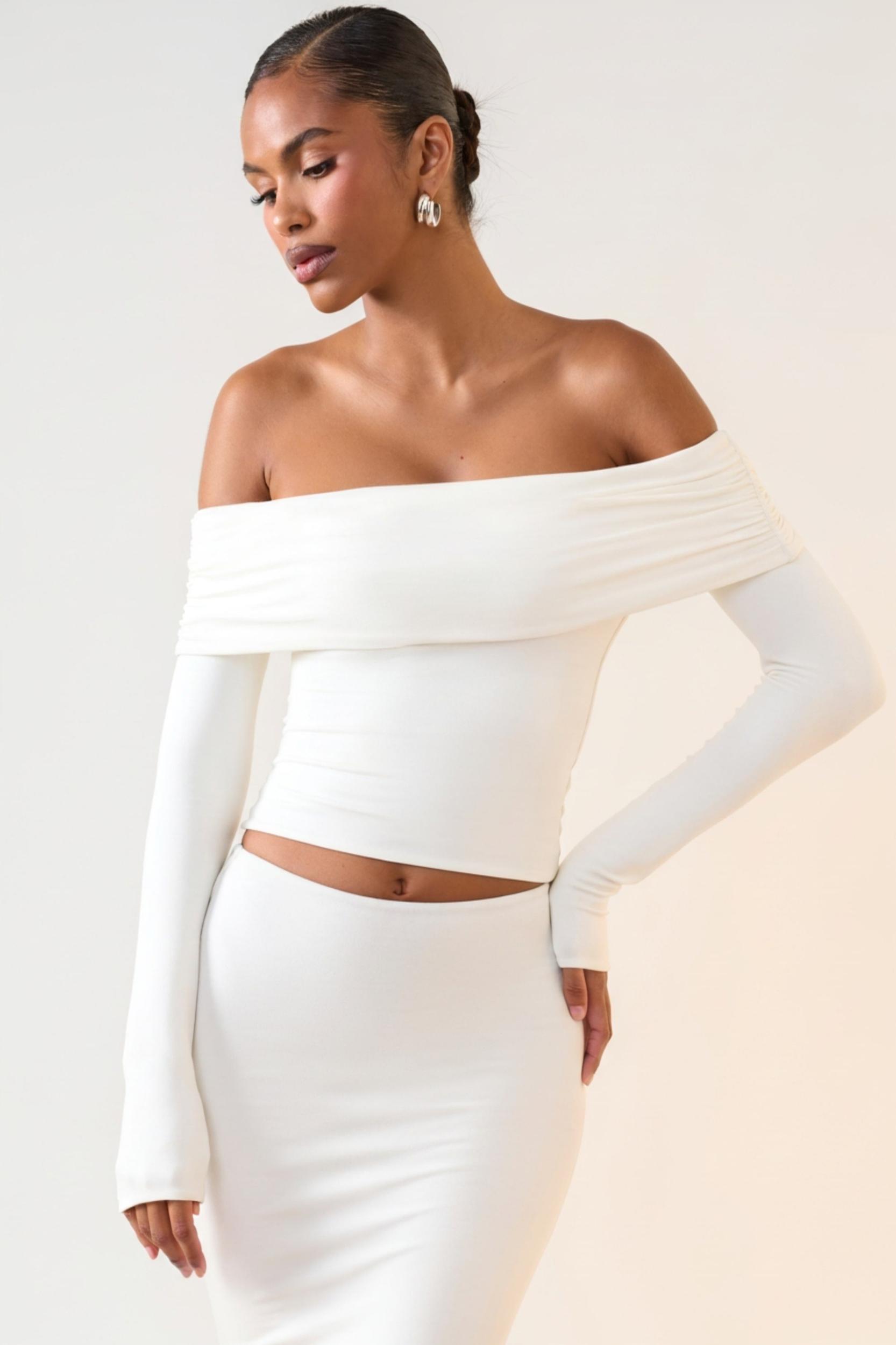 Modal Off-Shoulder Long-Sleeve Top in White Product Image