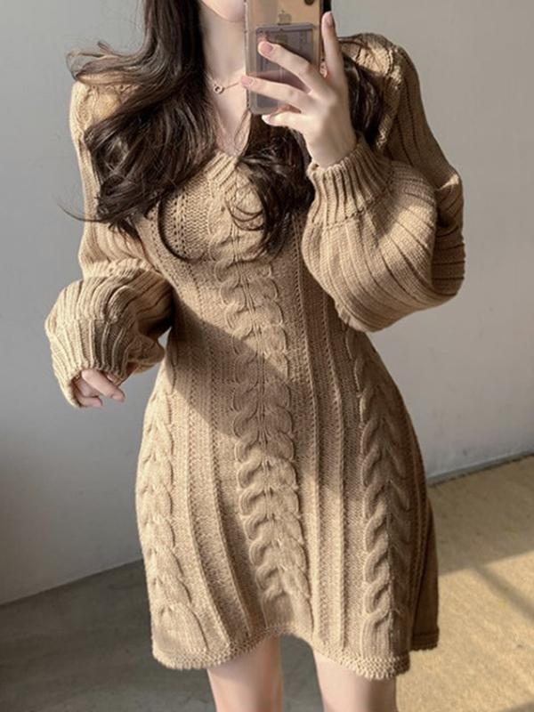 Solid V Neck Cable Knit Slim Mini Dress Product Image