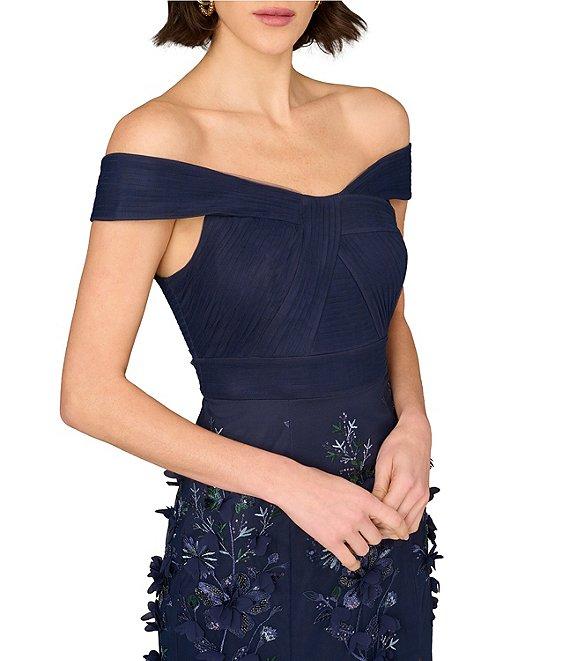 Aidan Mattox Mesh Embroidered Sequin Floral Off-The-Shoulder Neck Sleeveless Sheath Gown Product Image