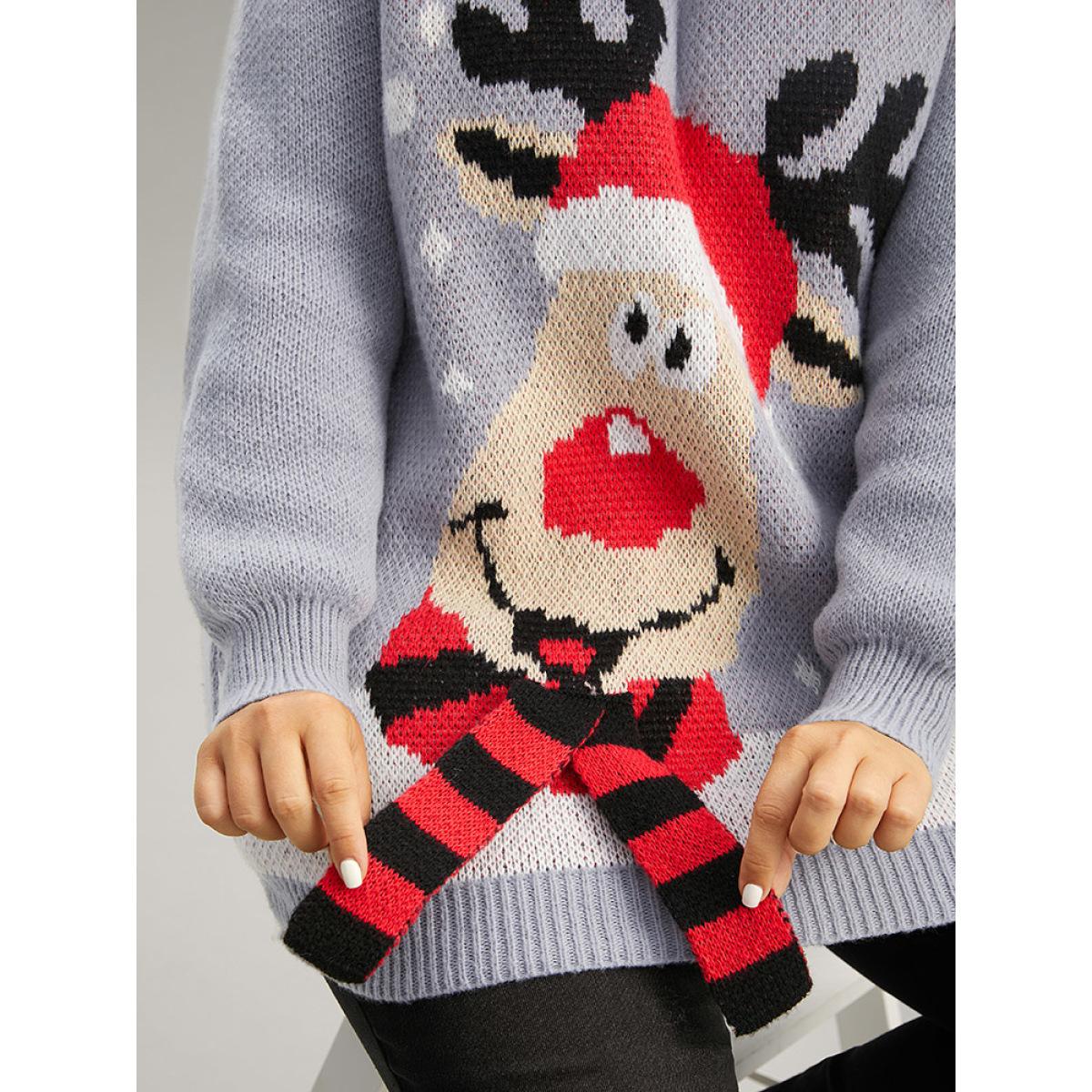 Plus Size Christmas Elk Crew Neck Elastic Cuffs Pullover DarkGray Women Casual Loose Long Sleeve Round Neck Festival-Christmas Pullovers BloomChic 12/L Product Image