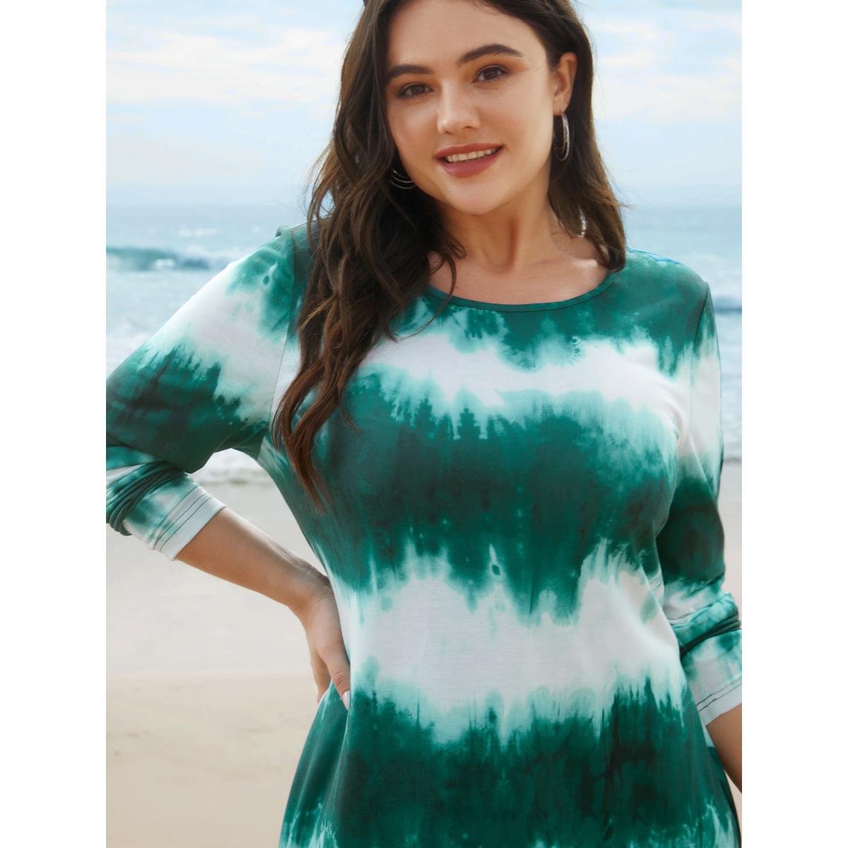 Plus Size Tie-Dye Round Neck Midi Knit Dress Teal Women Casual Non Knit Dresses Bloomchic 28/5X Product Image