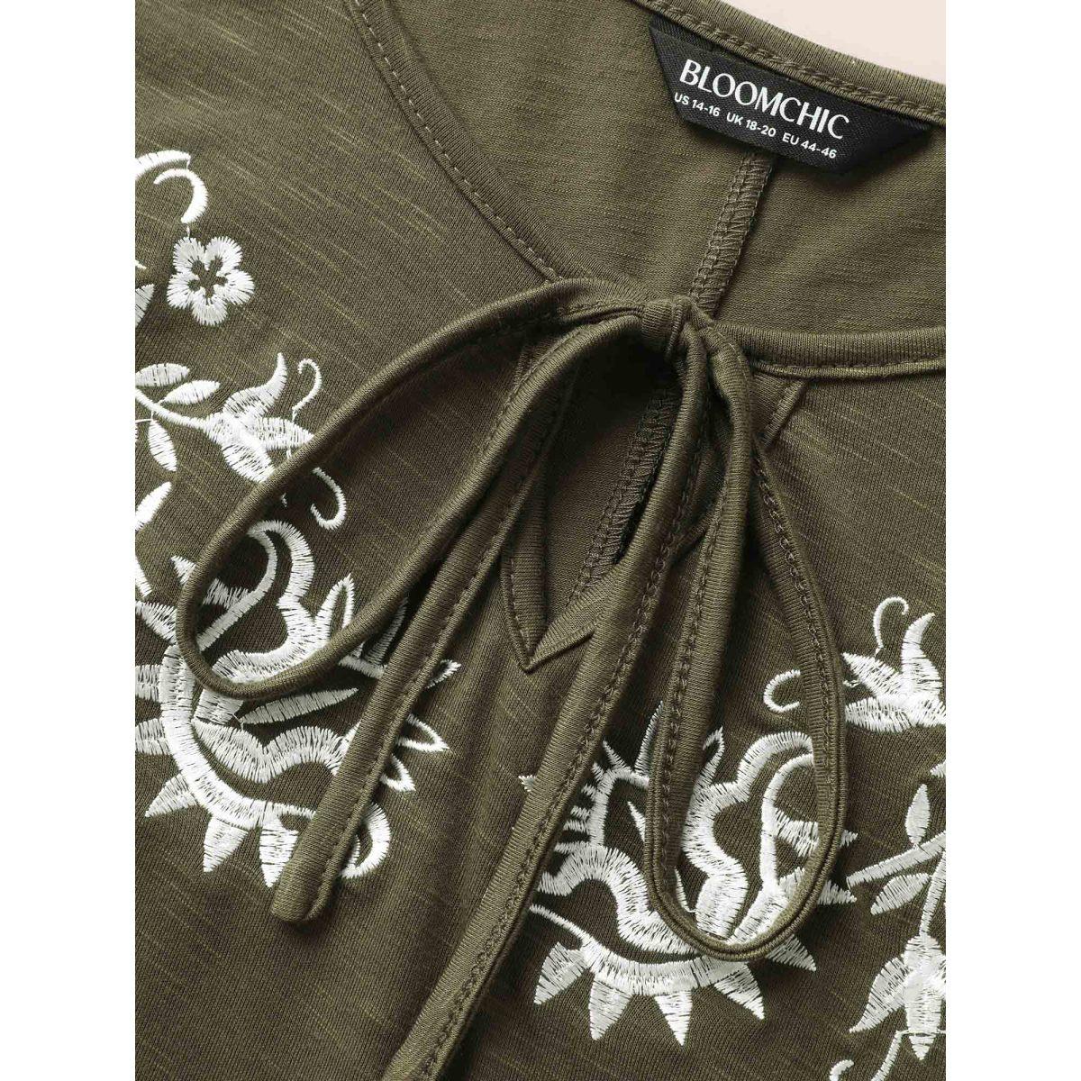 Plus Size Floral Embroidered Tie Knot Dolman Sleeve T-shirt ArmyGreen Women Resort Tie knot Art&design V-neck Vacation T-shirts BloomChic 26/4X Product Image