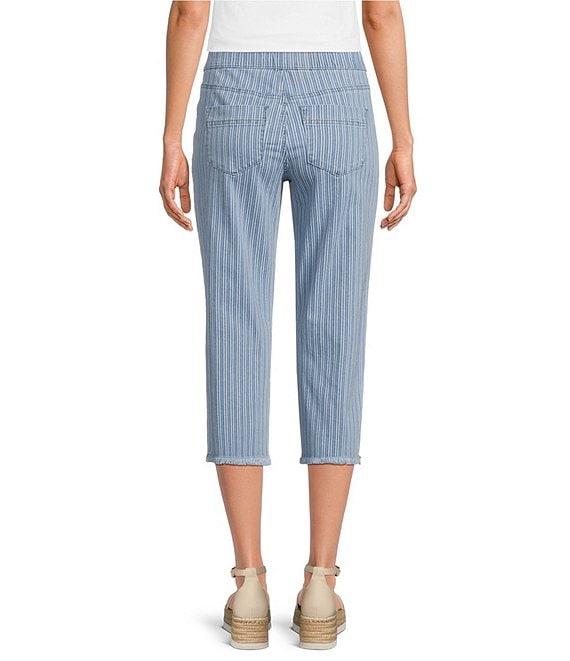 Intro Stripe Print Frayed Hem Pull-On Capri Denim Pants Product Image