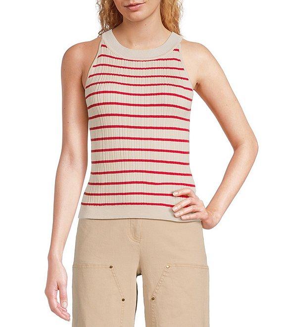 Skies Are Blue Striped Rib Knit High Neck Sleeveless Top Product Image