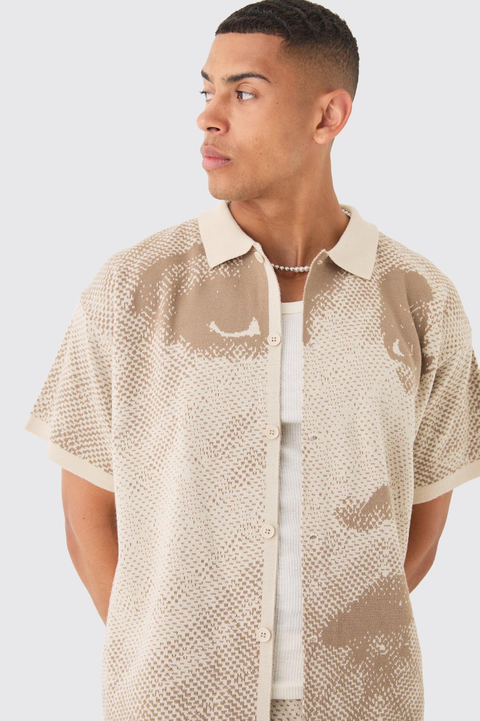 Boxy Face Jacquard Knitted Shirt And Short Set | boohooMAN USA Product Image