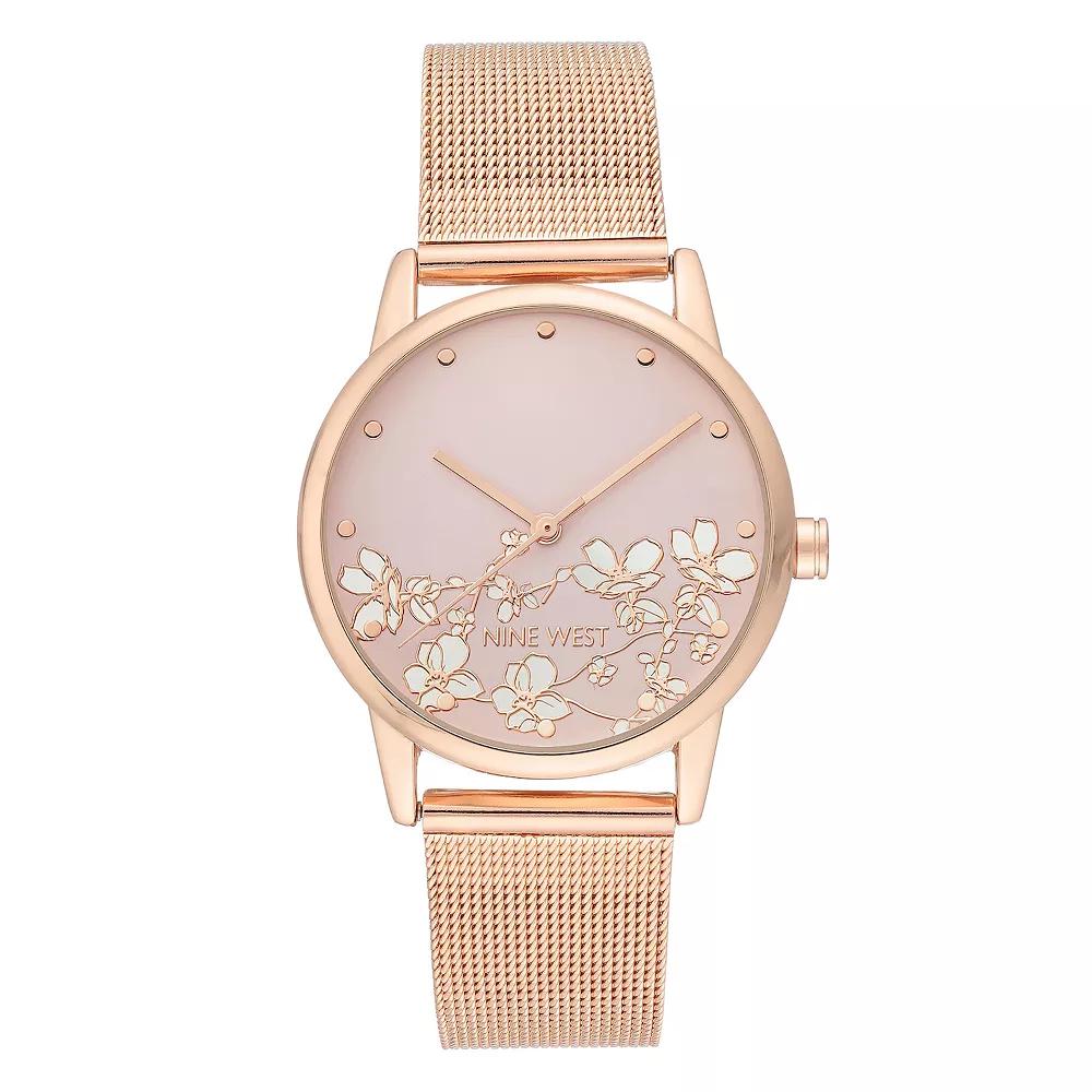 Nine West Women's Stainless Steel Mesh Bracelet Watch with Flower Dial,  Product Image