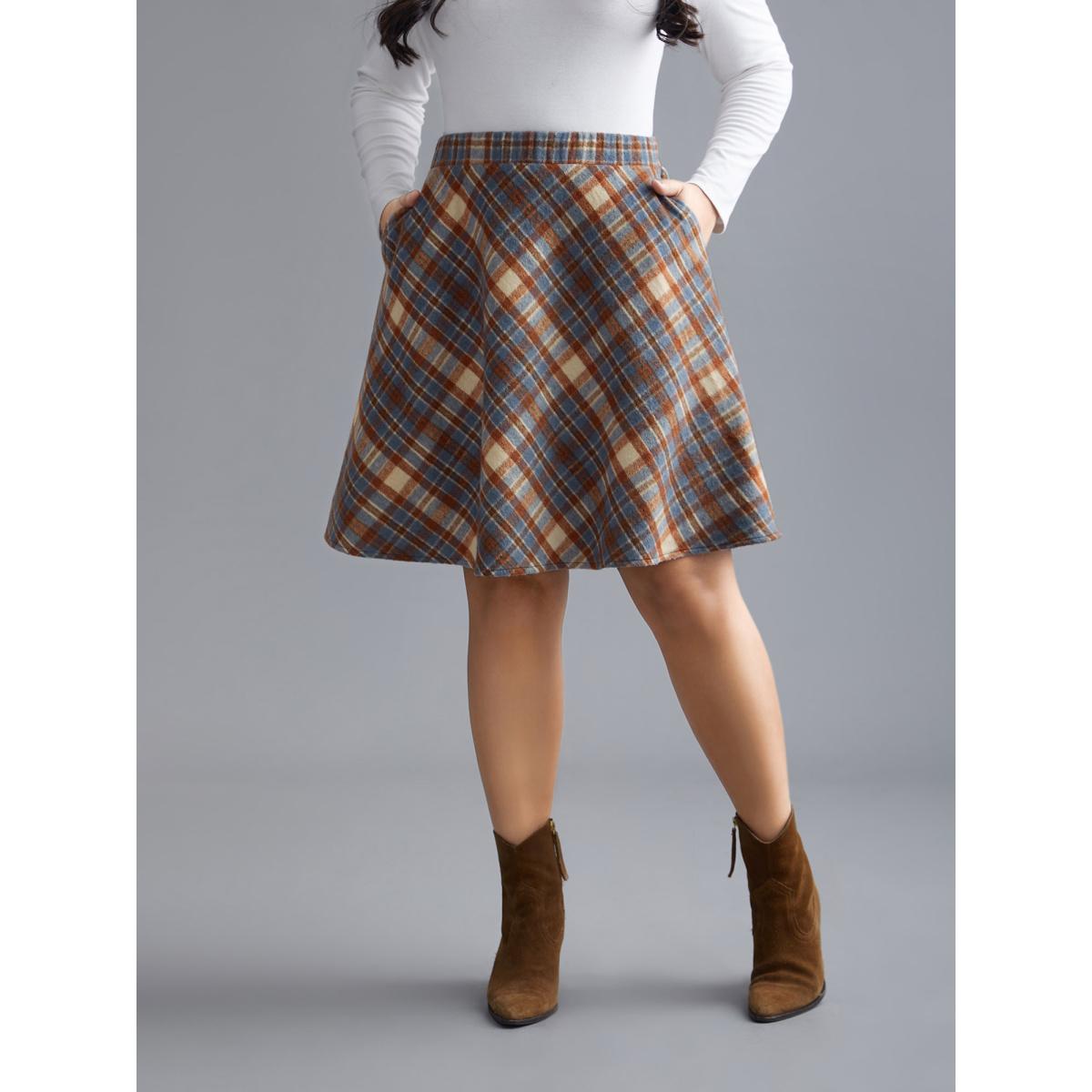 Plus Size Plaid Pattern Elastic Waist A-line Mini Skirt Women LightBlue Elegant Low stretch Slanted pocket Everyday Skirts BloomChic 14-16/1X Product Image