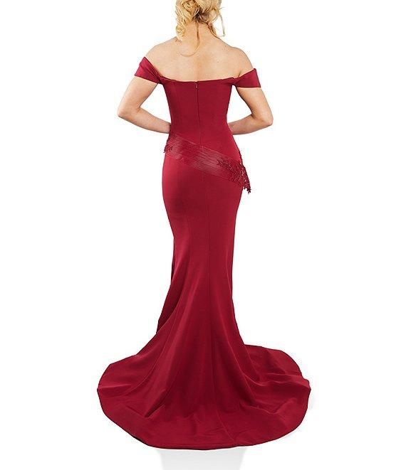 Terani Couture Stretch Satin Off-the-Shoulder Cap Sleeve Sash Gown Product Image