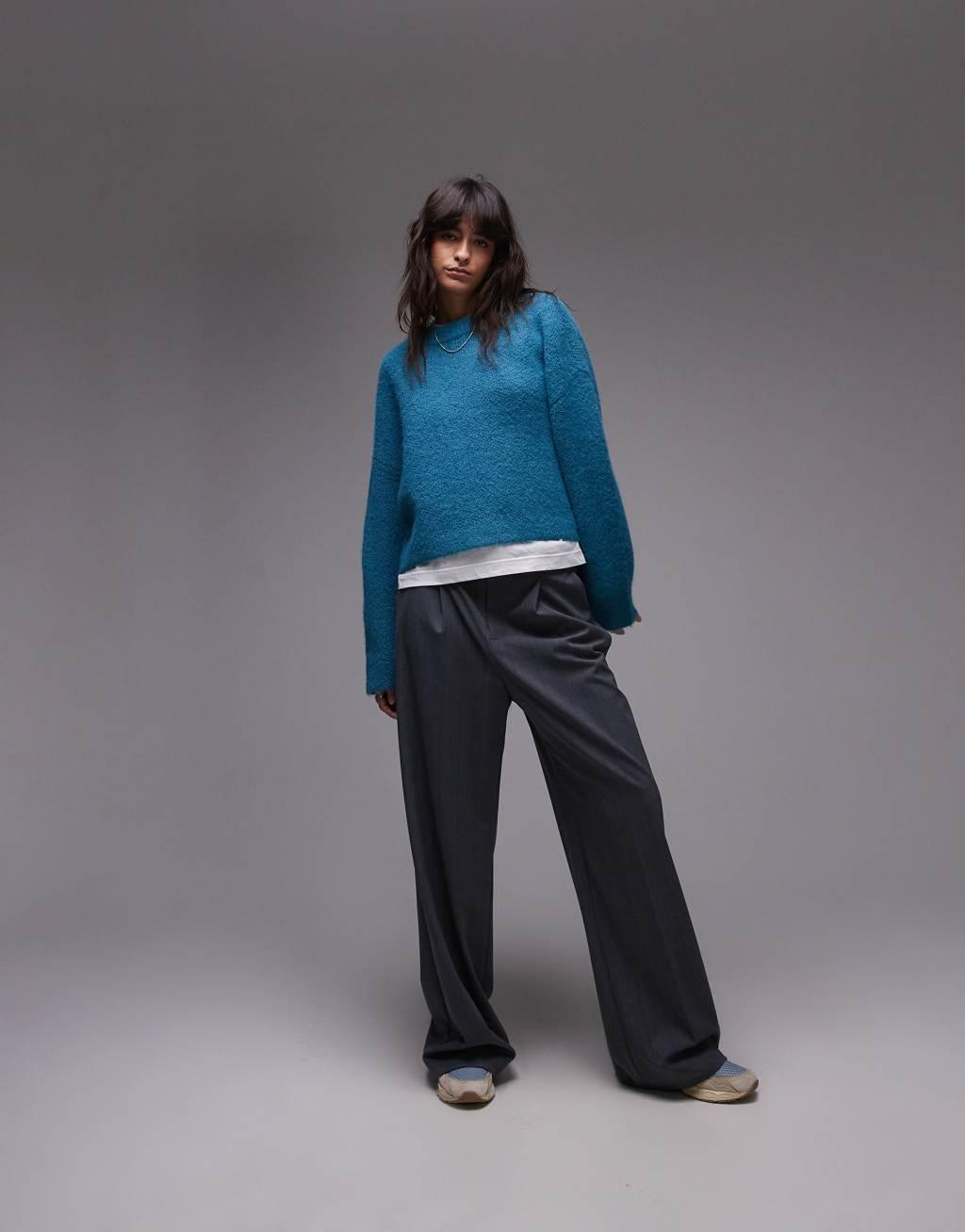 Topshop knitted fluffy relaxed ultimate sweater in blue Product Image