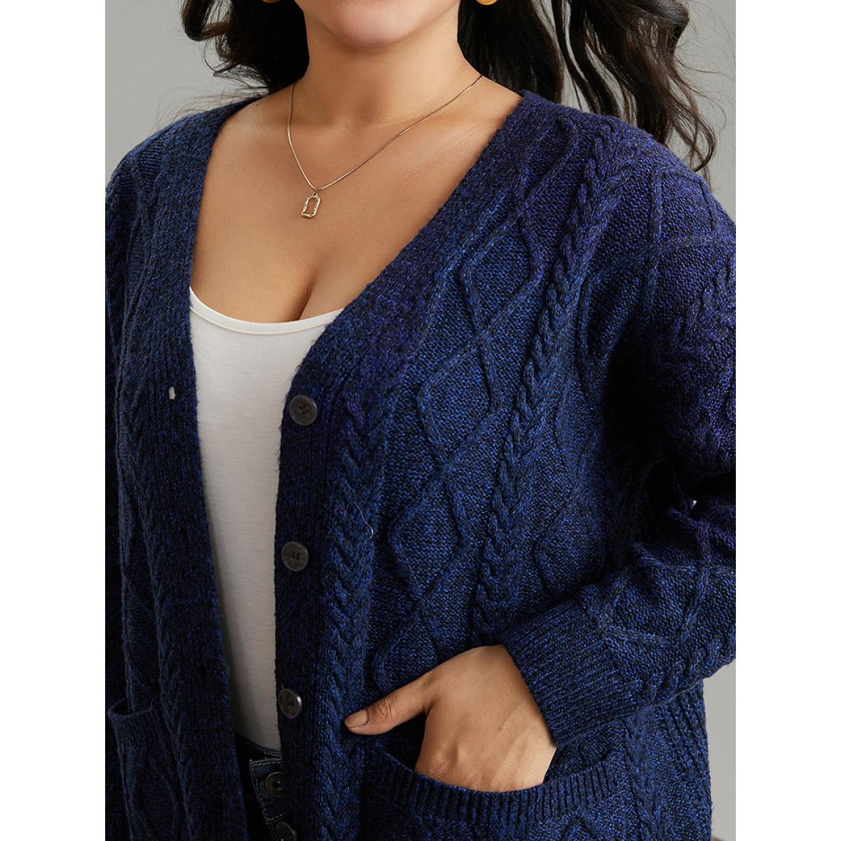 Plus Size Plain Geometric Texture Button Up Cable Knit Cardigan Midnight Women Casual Loose Long Sleeve Dailywear Cardigans BloomChic 14-16/1X Product Image