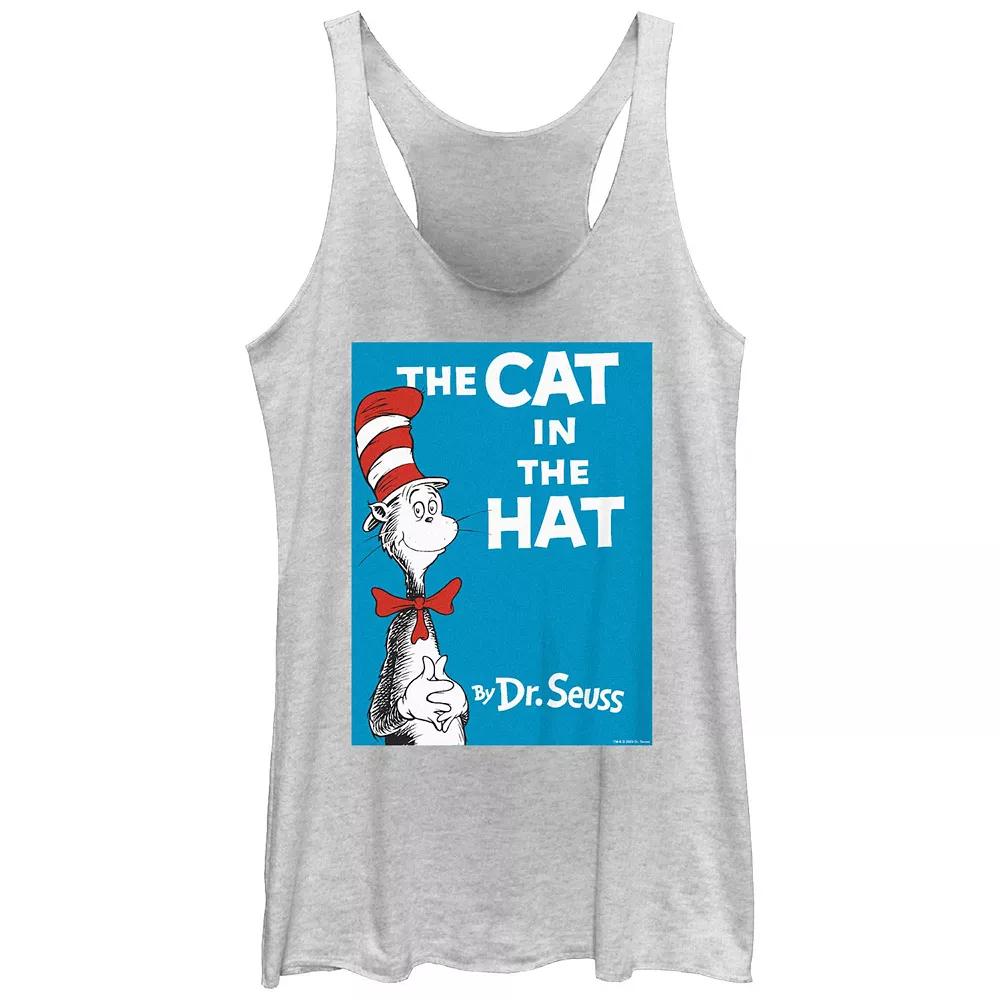 Juniors' Dr. Seuss The Cat In The Hat Book Cover Racerback Tank Top, Girl's, Size: XL, White Grey Product Image