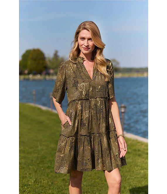 Jude Connally Shirley Tiger Safari Metallic Cotton Voile V-Neck Short Flutter Tiered Swing Dress Product Image