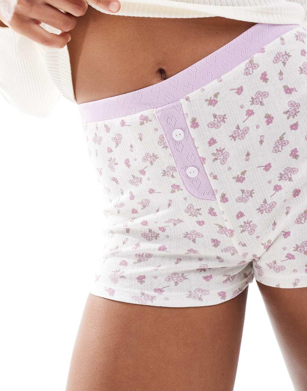 ASOS DESIGN Felicity 2 pack boxer in ditsy print and lilac pointelle Product Image