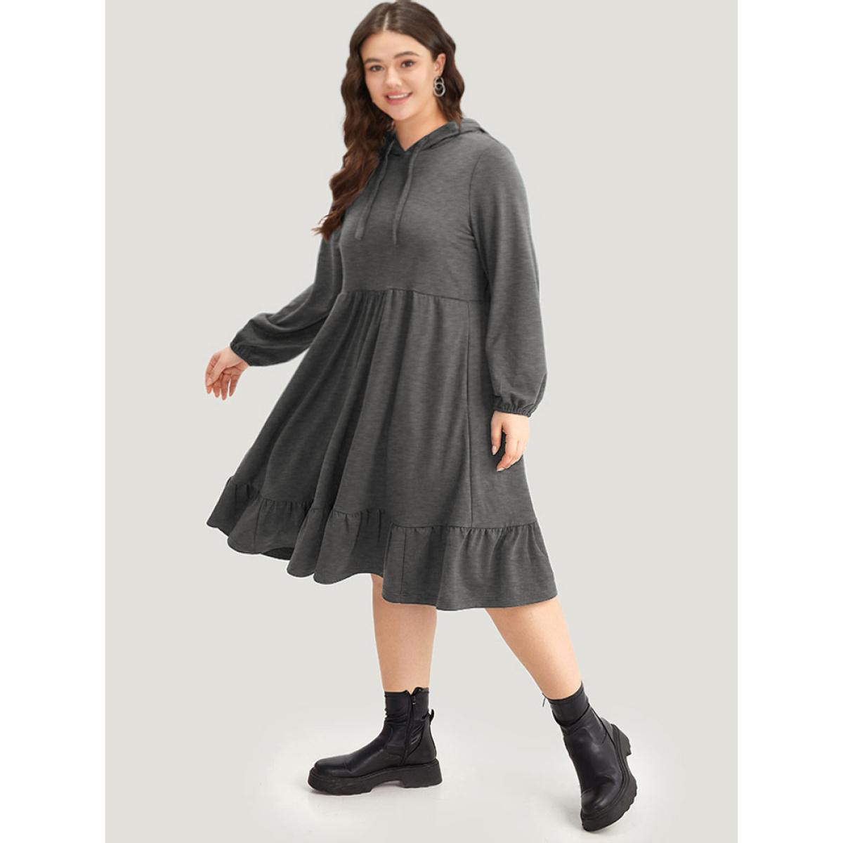 Plus Size Hooded Lantern Sleeve Flutter Hem Dress DimGray Women Casual Elastic cuffs Hooded Long Sleeve Curvy Midi Dress BloomChic 14-16/1X Product Image