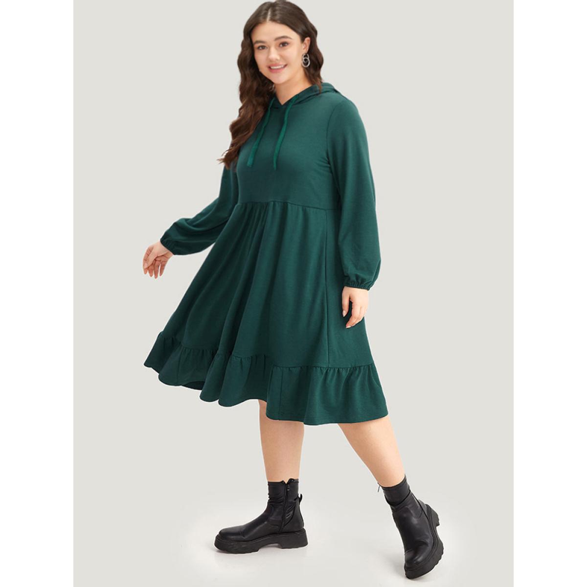 Plus Size Hooded Lantern Sleeve Flutter Hem Dress Indigo Women Casual Elastic cuffs Hooded Long Sleeve Curvy Midi Dress BloomChic 30/6X Product Image