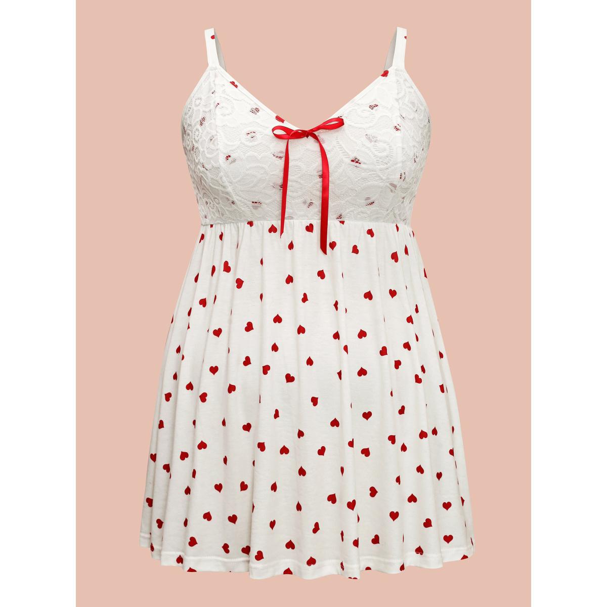 Plus Size Bow Lace Heart Print Lounge Dress Women Originalwhite Leisure Woven ribbon&lace trim V-neck Loungewear BloomChic 12/L Product Image