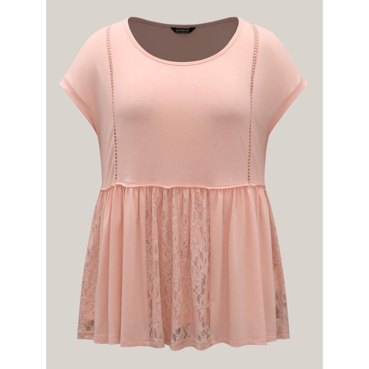 Plus Size Lace Trim Spliced Solid T-Shirt Nudepink Women Woven ribbon&lace trim Round Neck Casual T-shirts BloomChic 18-20/2X Product Image