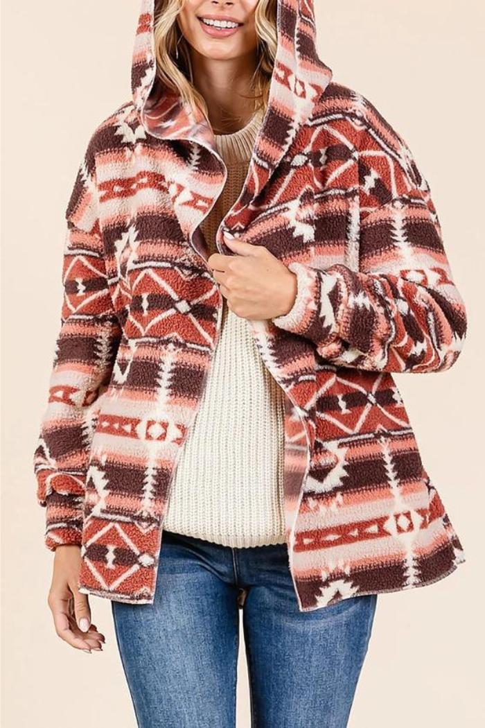 Aztec Tribal Print Hooded Oversize Fleece Jacket Product Image