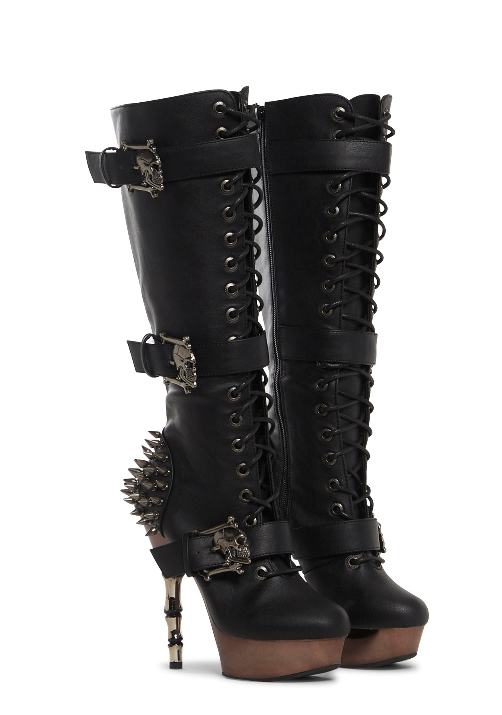 Demonia Pirate Skull Stiletto Boots Halloween - Black Product Image