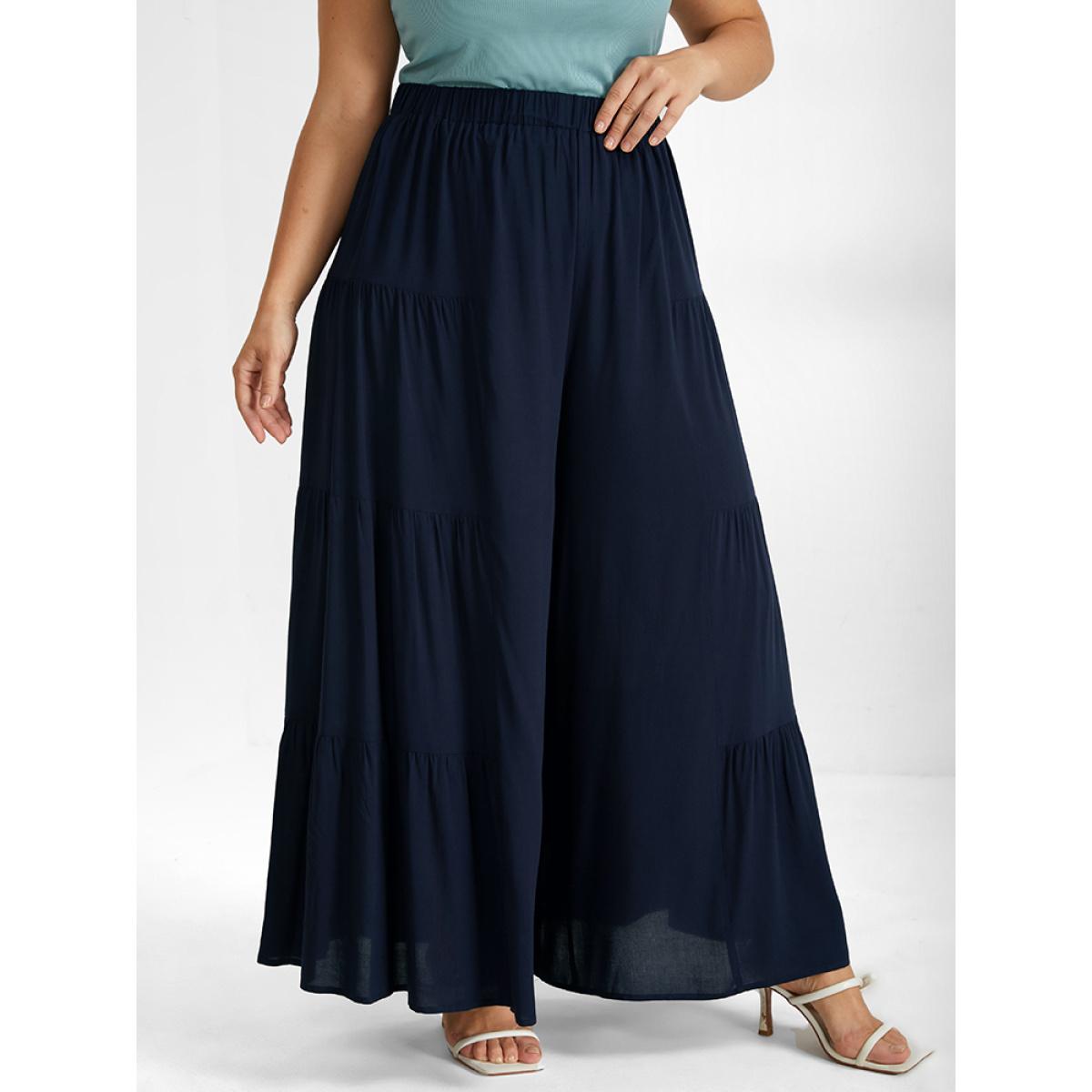 Plus Size High Waisted Chiffon Wide Leg Pants Women DarkBlue Casual Loose High Rise Dailywear Pants BloomChic 22-24/3X Product Image
