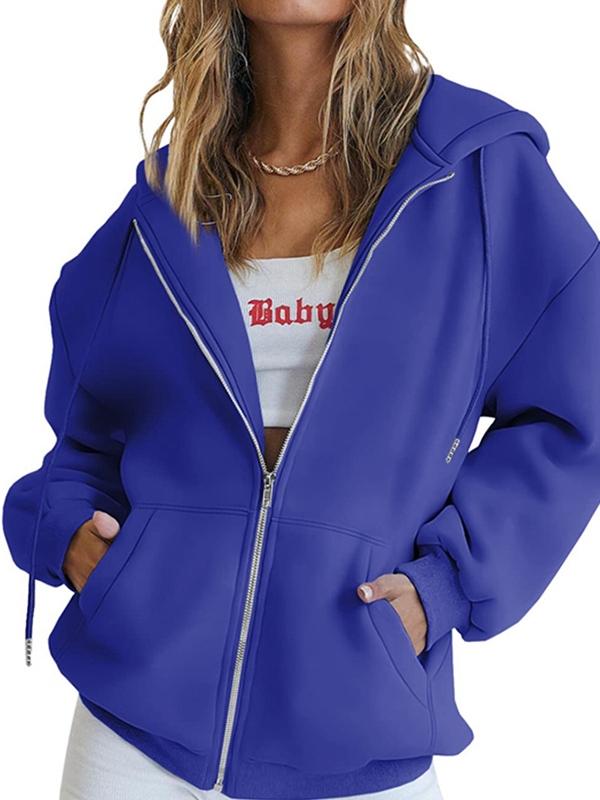 Solid Drawstring Zip Up Oversized Hoodie Product Image