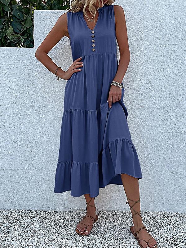 Loose Sleeveless Pleated Split-Joint V-Neck Midi Dresses Product Image