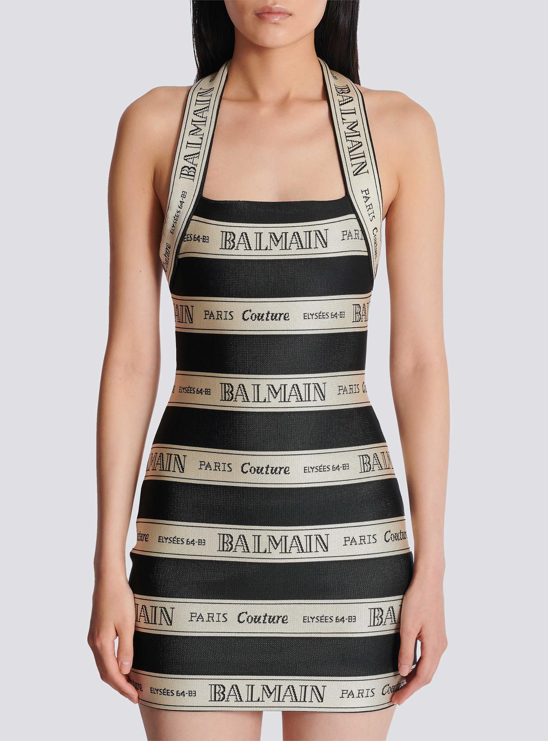 Jacquard halterneck dress with Balmain ribbon motif Product Image