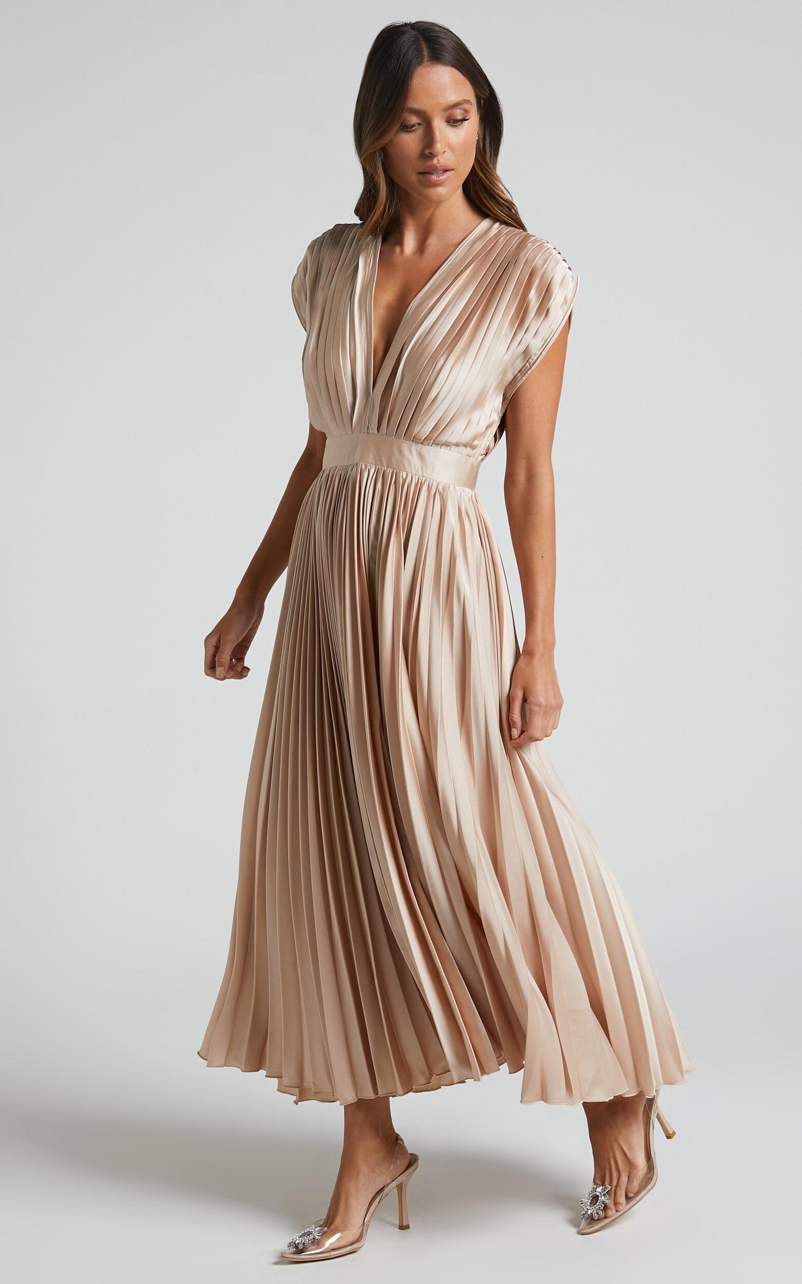 Della Midi Dress - Plunge Neck Short Sleeve Pleated Dress in Champagne Product Image