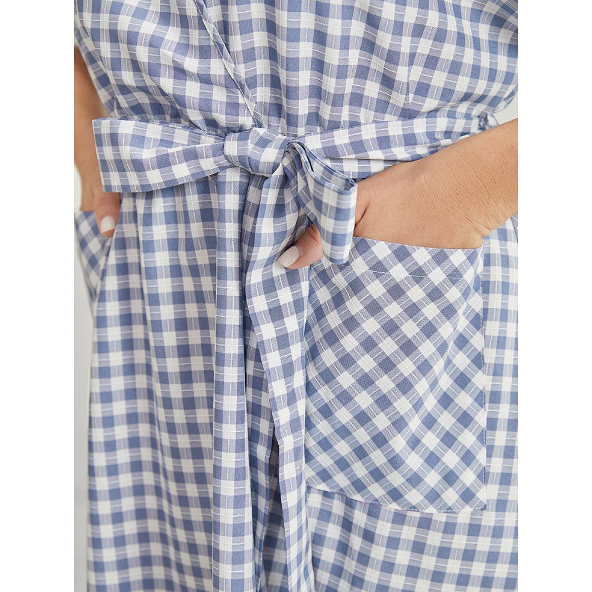 Plus Size Gingham Print Roll Batwing Sleeve Belt Pocket Wrap Dress Stone Women Office Wrap V-neck Short sleeve Curvy Midi Dress BloomChic 10/M Product Image
