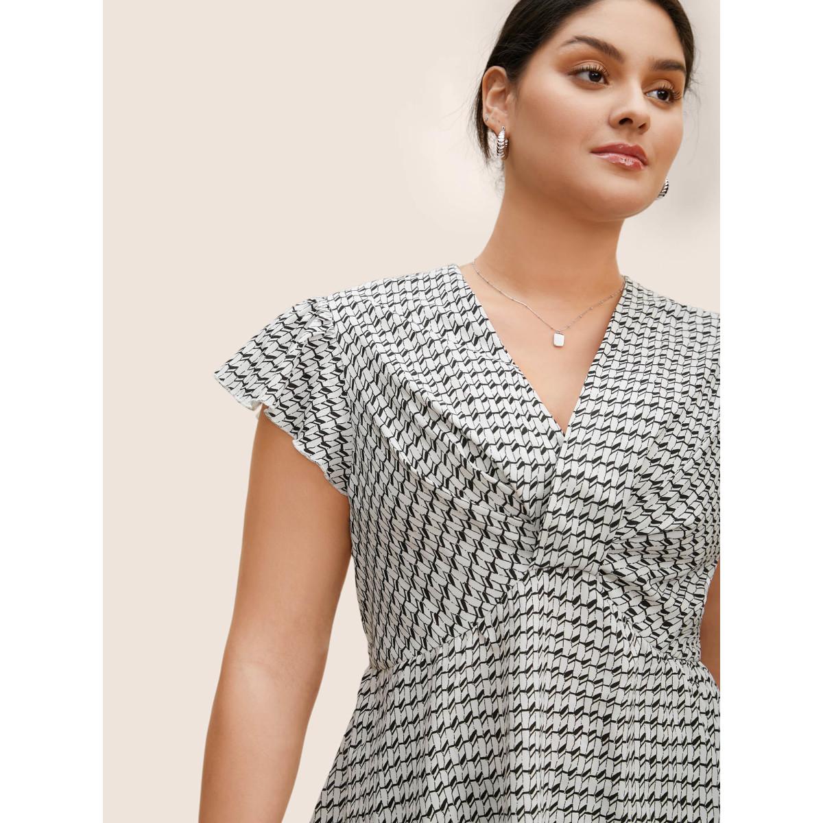 Plus Size Ivory Geometric Wrap Flutter Cap Sleeve Blouse Women At the Office Cap Sleeve V-neck Work Blouses BloomChic 22-24/3X Product Image