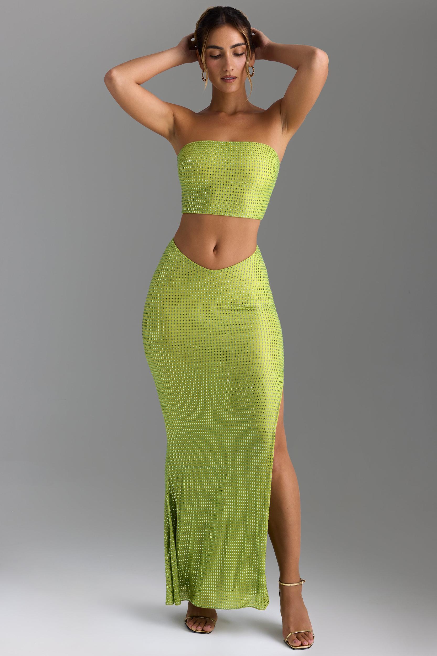 Embellished V-Waist Maxi Skirt in Pear Green Product Image