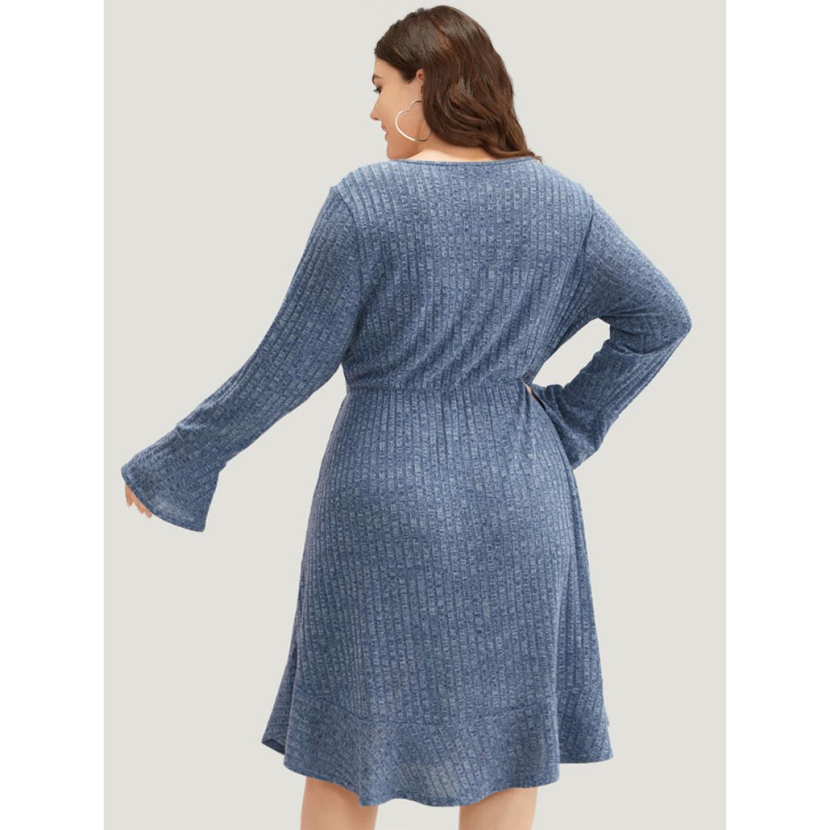Plus Size Rib Knit Button Detail Pocket Bell Sleeve Dress Indigo Women Casual Texture V-neck Long Sleeve Curvy Midi Dress BloomChic 14-16/1X Product Image