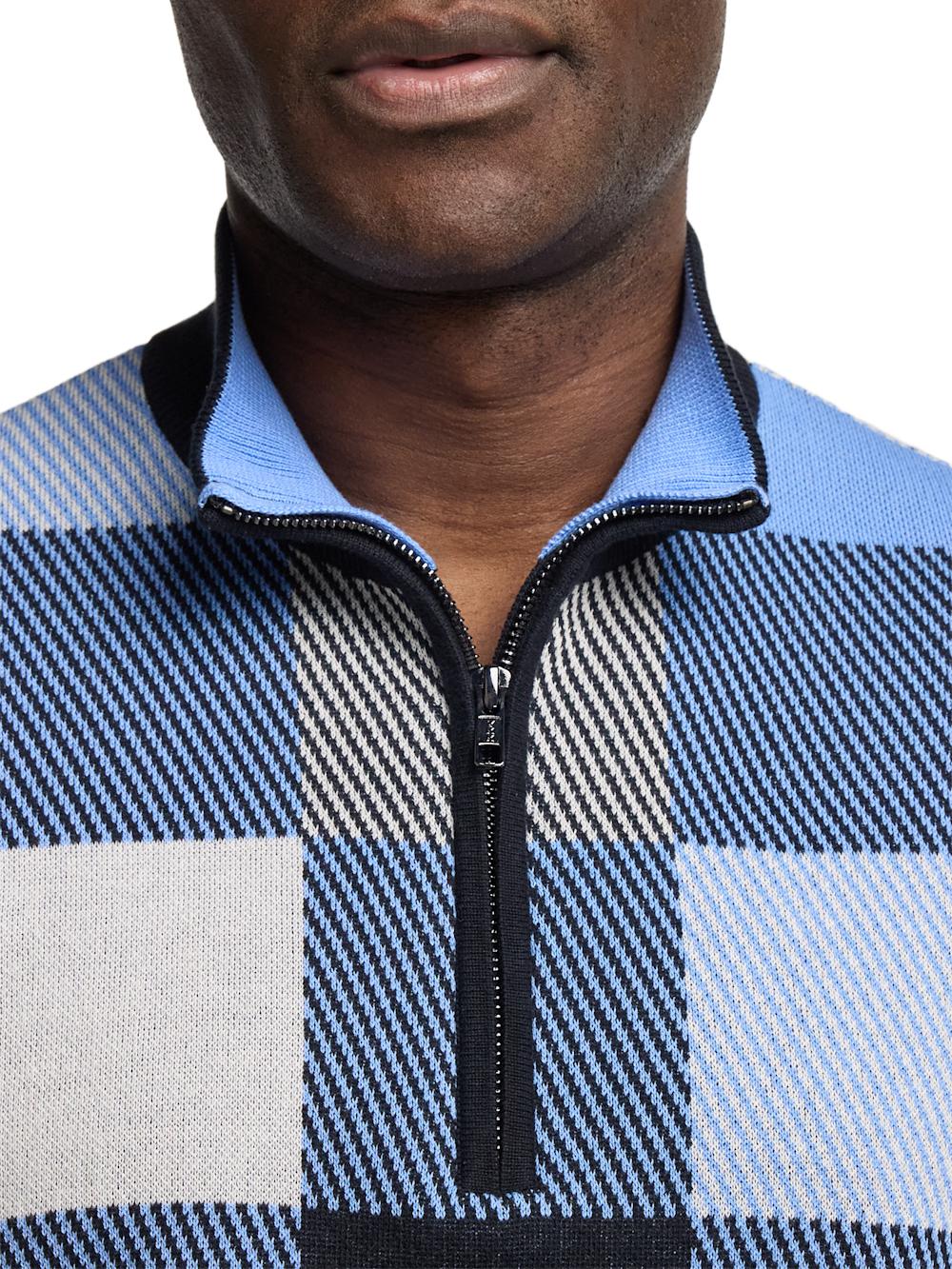 Cotton Quarter Zip Mock Neck Sweater - Blue Multi Product Image