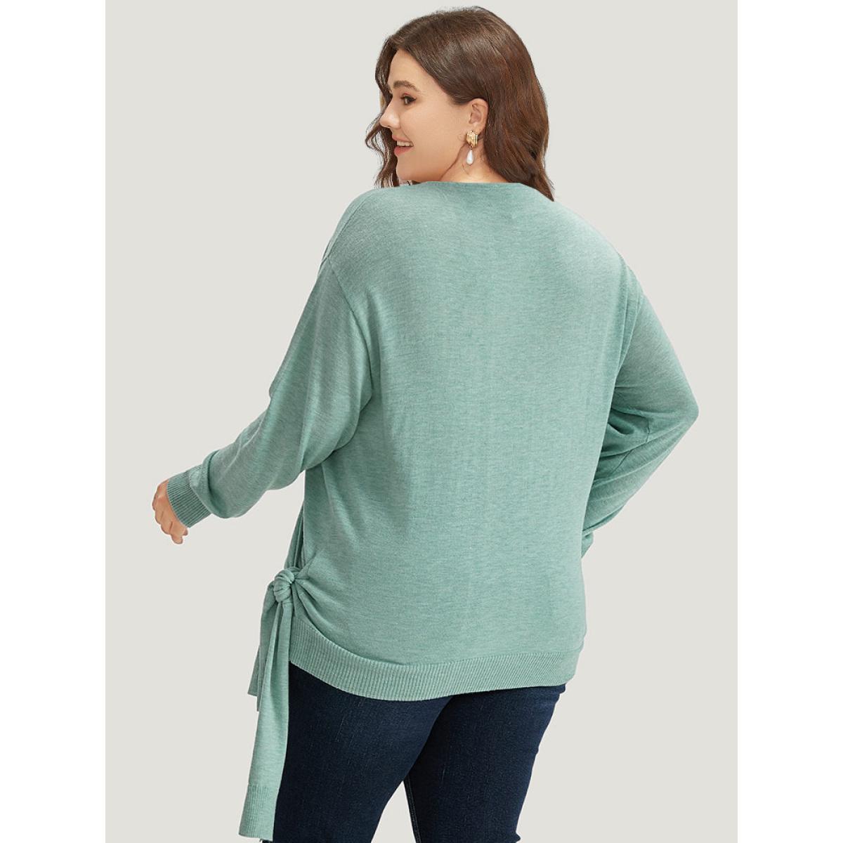 Plus Size Supersoft Essentials Plain Crossover Ties Elastic Cuffs Pullover Mint Women Casual Loose Long Sleeve V-neck Dailywear Pullovers BloomChic 28/5X Product Image