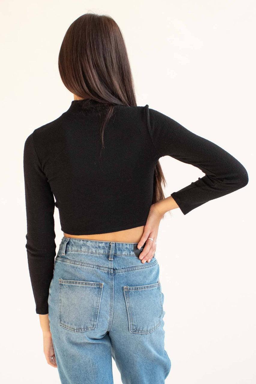 Black Mock Neck Cropped Sweater Product Image