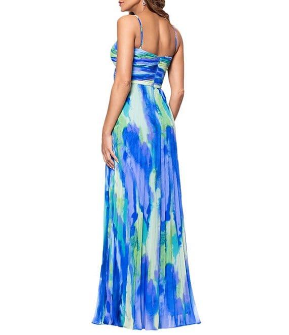 Xscape Abstract Print Pleated Chiffon Halter Neckline Sleeveless Maxi Dress Product Image