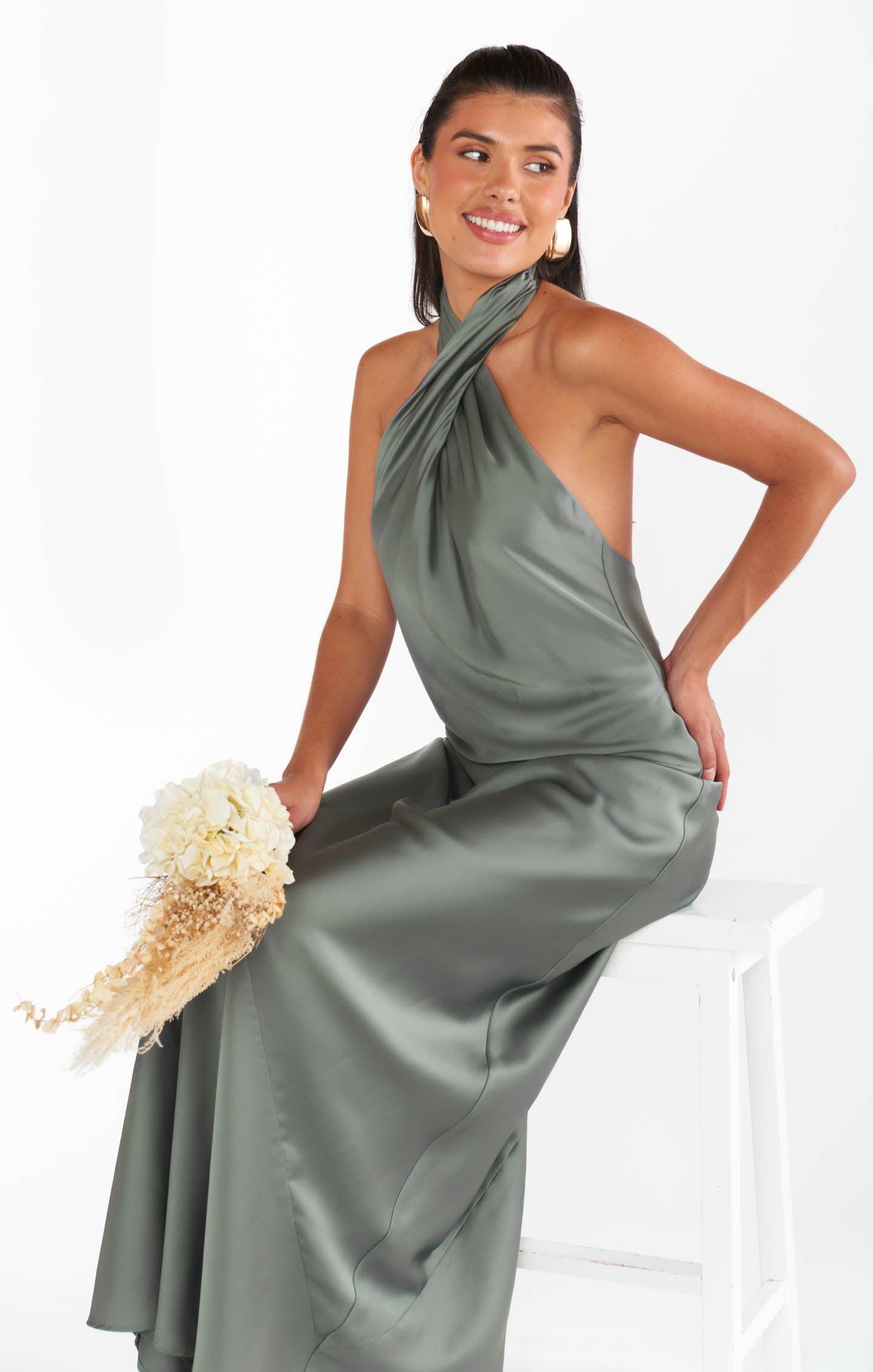 Jasmine Halter Maxi Dress ~ Deep Sage Luxe Satin Product Image