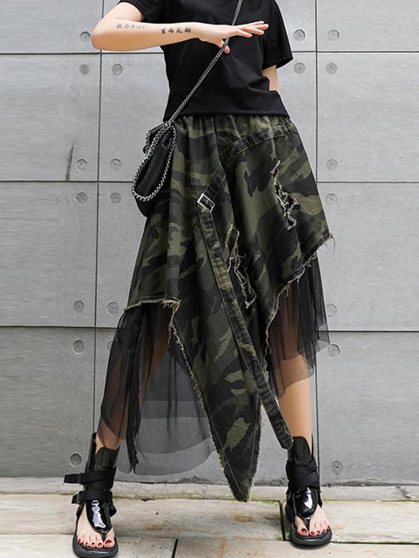 A-Line Loose Asymmetric Camouflage Elasticity Fringed Mesh Split-Joint Skirts Bottoms Product Image