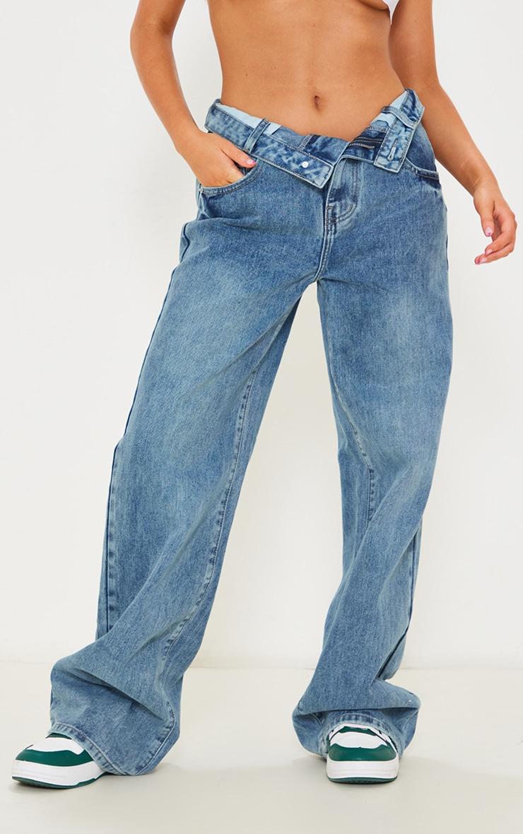 Indigo Vintage Wash Foldover Waistband Wide Leg Jeans Product Image