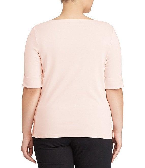 Lauren Ralph Lauren Plus Size Stretch Cotton Boat Neck Short Folded Elbow Sleeve Top Product Image