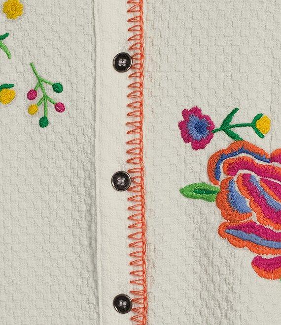 Calessa Crinkle Woven Embroidered Point Collar Long Sleeve Button-Front Shirt Product Image