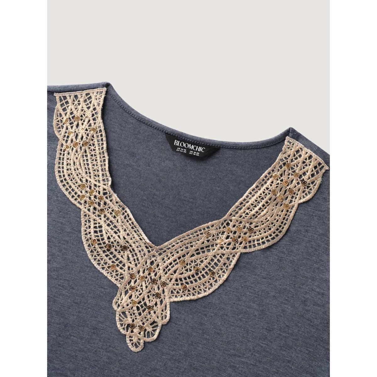 Plus Size Layered Sleeve Lace Neck Solid T-Shirt Stone Women Leisure Woven ribbon&lace trim V-neck Casual T-shirts BloomChic 28/5X Product Image