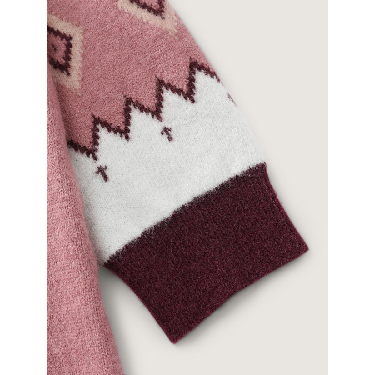 Plus Size Boho Pattern Jacquard Contrast Sweater Dress Beanpastepowder Women Leisure Loose Long Sleeve Casual Sweater Dresses BloomChic 10/M Product Image