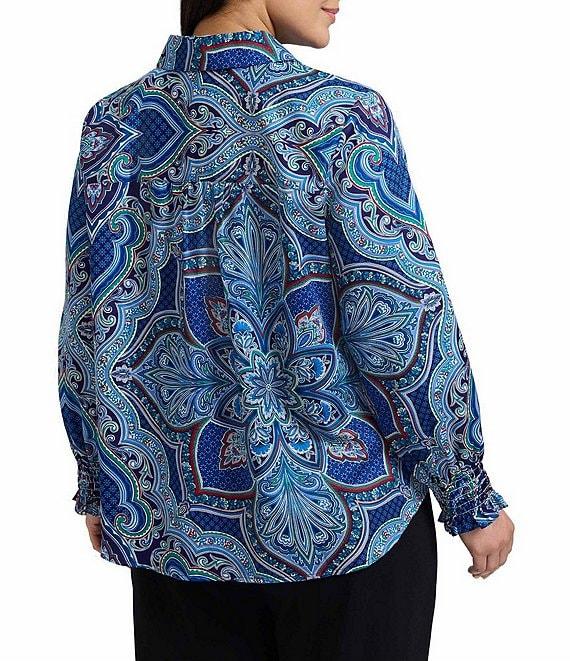 Foxcroft Plus Size Olivia Wrinkle-Free Kaleidoscope Print Cotton Sateen Point Collar 3/4 Sleeve Button Front Shirt Product Image