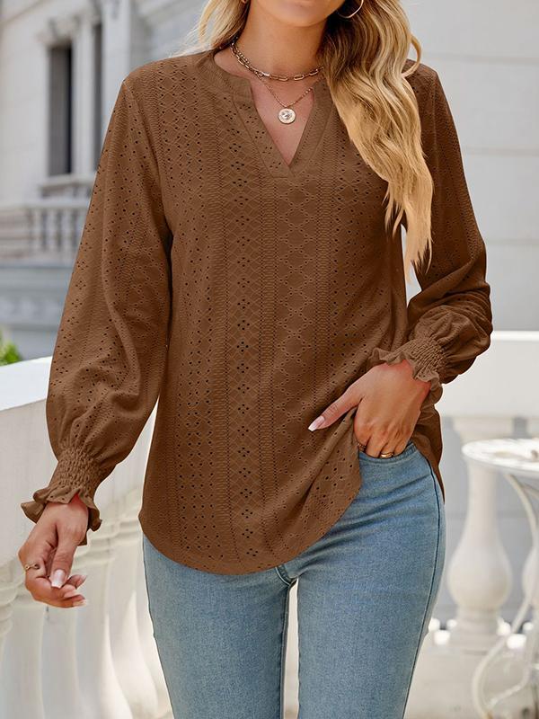 Long Sleeves Loose Elasticity Hollow Solid Color V-Neck T-Shirts Tops Product Image