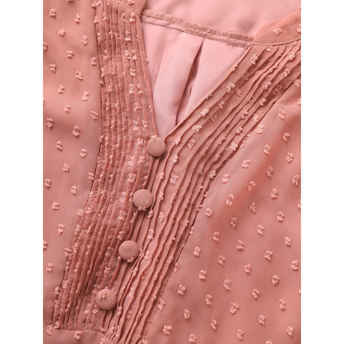 Plus Size DustyPink Chiffon Plain Textured Pleated Tab Sleeve Blouse Women At the Office Elbow-length sleeve Shirt collar Work Blouses BloomChic 14-16/1X Product Image