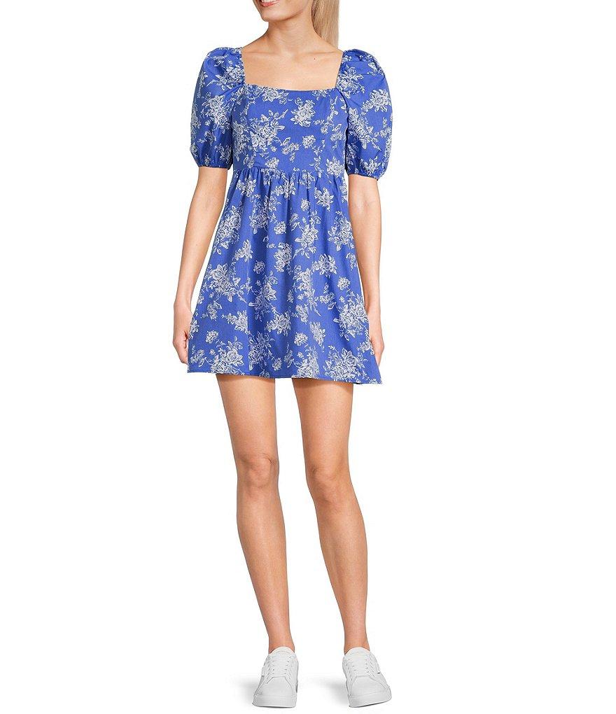 Copper Key Royal Floral Print Square Neck Short Puff Sleeve Smocked Back Dress Product Image